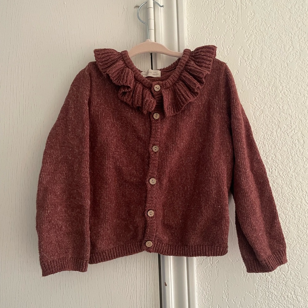 Quincy Mae Ruffled Maroon Kids Cardigan - Picture 1 of 4